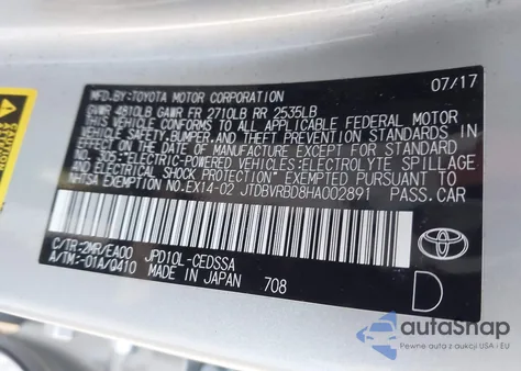 2017 Toyota Mirai from USA, damaged, VIN JTDBVRBD8HA002891